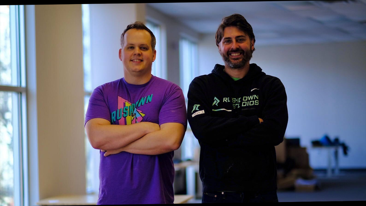    Rushdown Founders Kirk Becker and Andy Polidore in the studio's new Saratoga Springs office